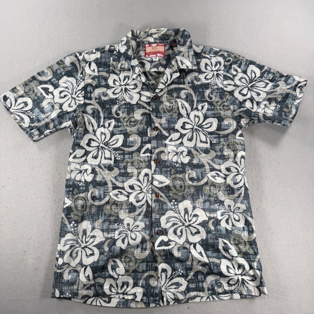 RJC Hawaiian Shirt Mens Medium Blue Grey Hibiscus Floral Made in Hawaii Aloha